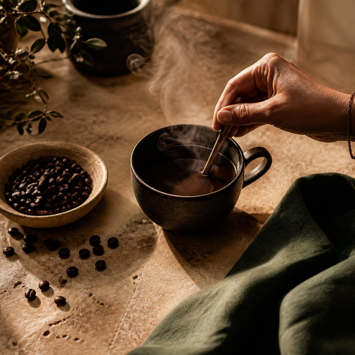 A dark ceramic cup of freshly stirred Akemi coffee steaming on a warm stone counter