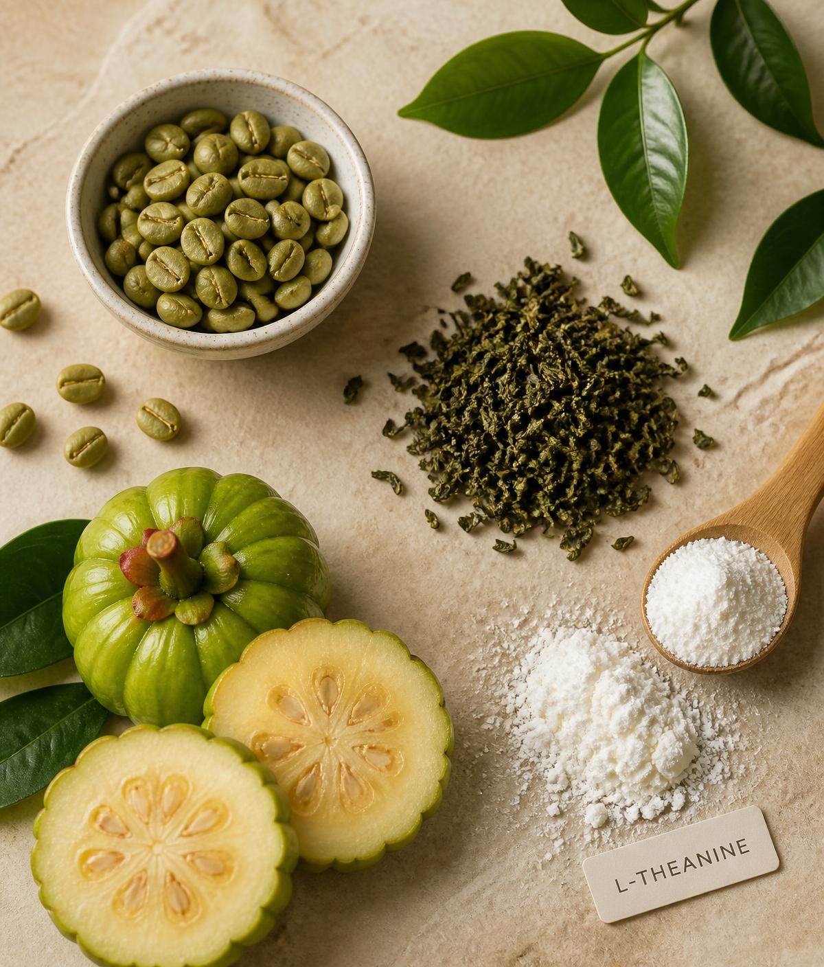 Green coffee beans, green tea leaves, garcinia cambogia and L-Carnitine powder arranged on a cream stone surface